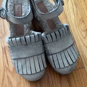 Rachel Comey sz 6 leather fringe heeled clog crackle leather shearling Shoes
